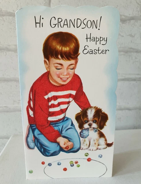 Vintage 1960s UNUSED Grandson Happy Easter Boy Puppy Dog Greeting Card (EB0261)