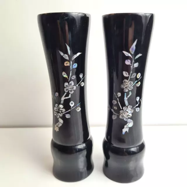 Pair Vintage Black Lacquered Vases Mother of Pearl Shell Inlayed Floral Design