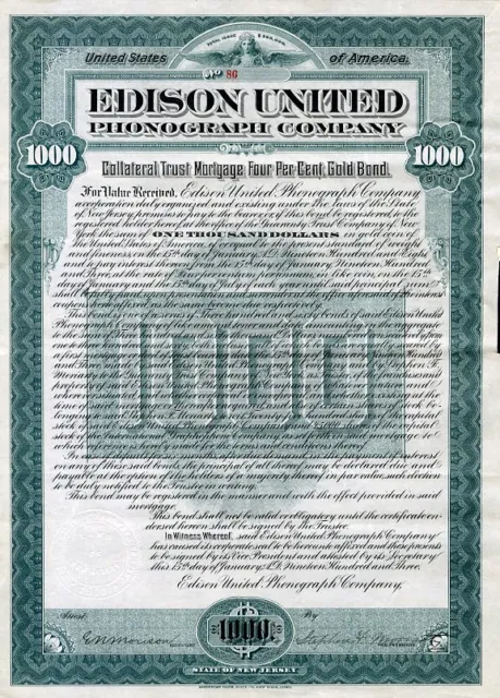 1903 Edison United Phonograph Bond Certificate