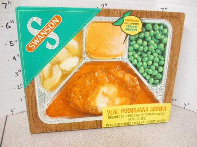 Swanson TV DINNER 1970s VEAL PARMAGIANA apple muffin peas vtg frozen food box