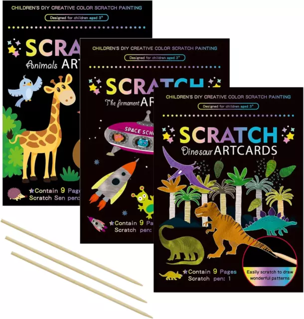 3 Satz Scratch Paper Scratch Art Notebook, Dino Kratzbilder Notizbuch Set mit Ho