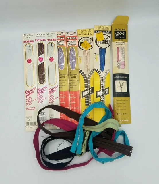 Vintage Zippers Lot of 13 Mixed Colors Sewing Metal Nylon Talon J P Coats Tailor
