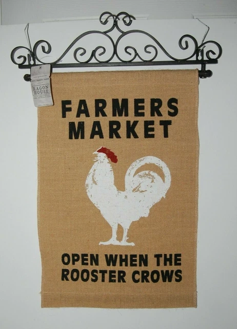 Farmers Market Rooster Farmhouse Scroll Wall Decor Hanging Sign Metal & Fabric