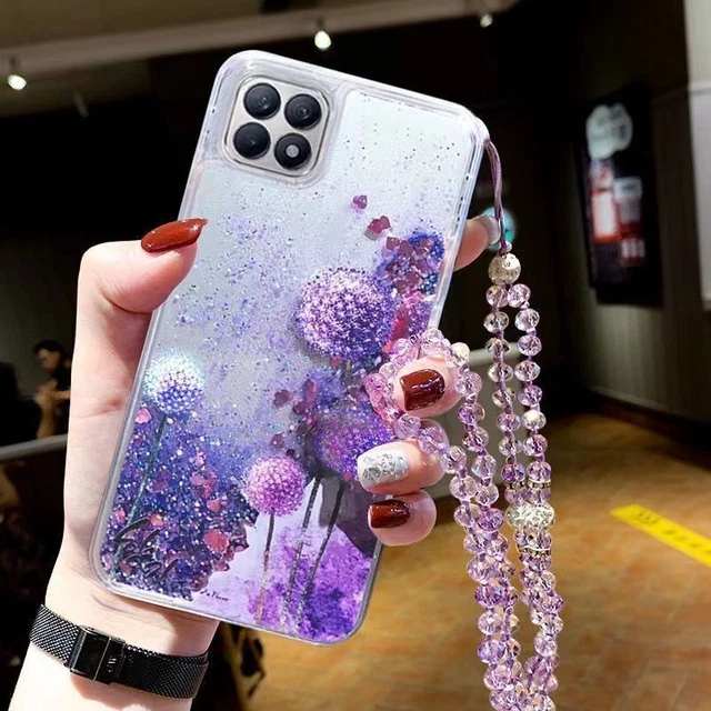 For OPPO VIVO Quicksand Dandelion +Neck Chain Women Soft Phone Case Cover Back