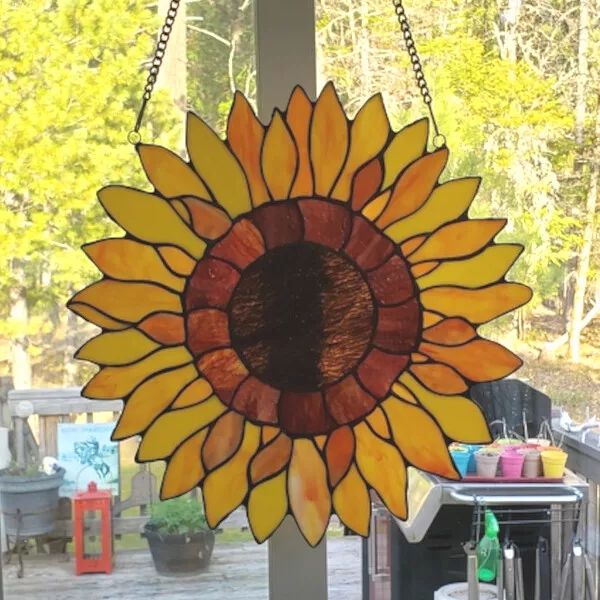 Round Sunflower Design Window Panel Suncatcher 16in Tiffany Style Stained Glass