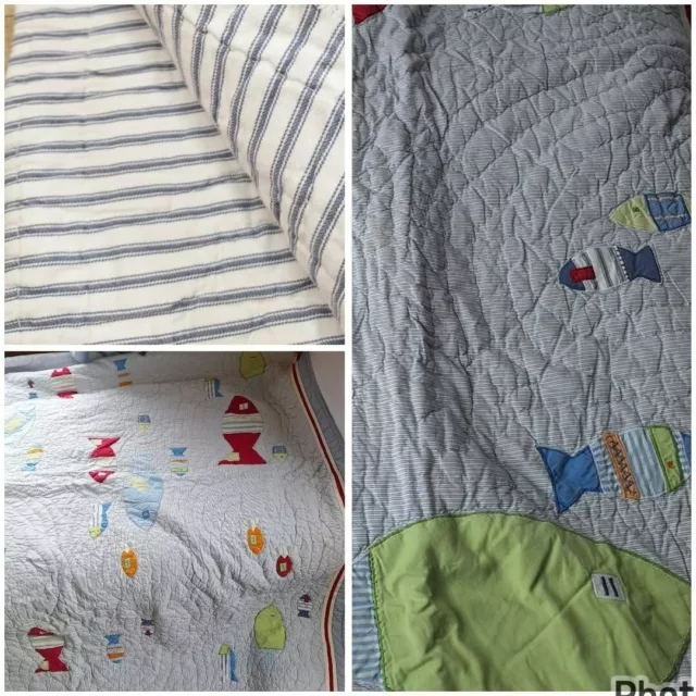 Pottery Barn Kids Reversible Fish Stripe Quilt Blanket Cotton Blue White Full