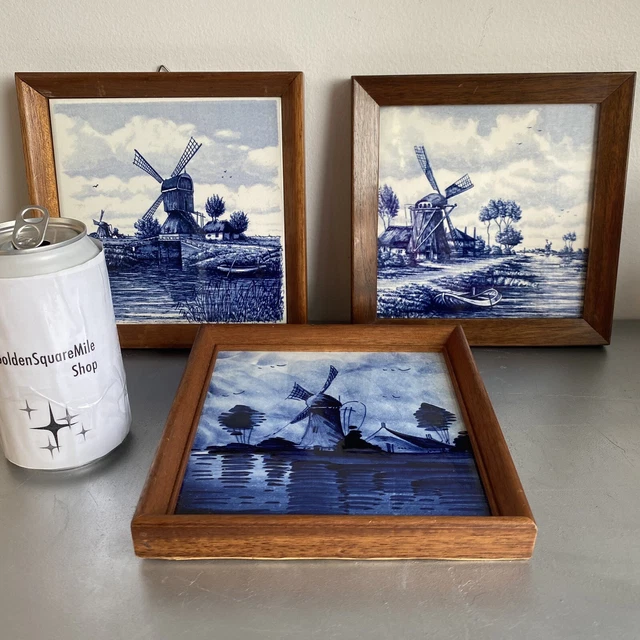3 vintage Blue and White Dutch Delft collectable Tiles Wood Framed Windmill