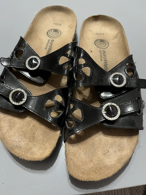 EuroWellness Black Patent Leather Strappy Sandals Womens Size 9.5 10
