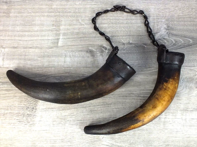 Rare 1800s Conestoga Wagon Horn Oilers w Wrought Iron Hanging Chain
