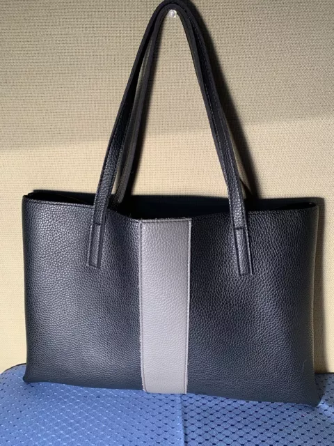 Vince Camuto Vegan Leather Pebble Black Shoulder Tote With Grey Stripe