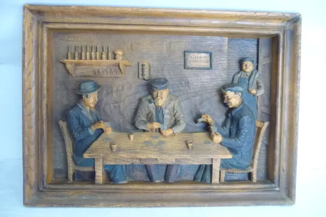 Ancien tableau  bois relief sculpté par A.MORAND - Les Joueurs de cartes