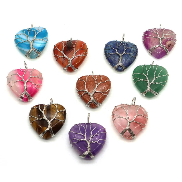 Healing Crystal Natural Quartz Wire Wrap Tree Of Life Heart Chakra Stone Pendant