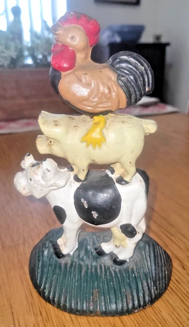 Vintage Farm Animals Door Stop Stand Cast Iron Cow Pig Rooster 7.5" Upper Deck