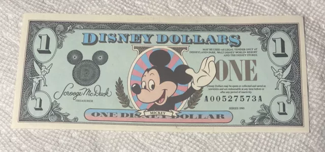 1990-AA Block. $1 Disney Dollar. Disneyland. CU. From Original Pack.
