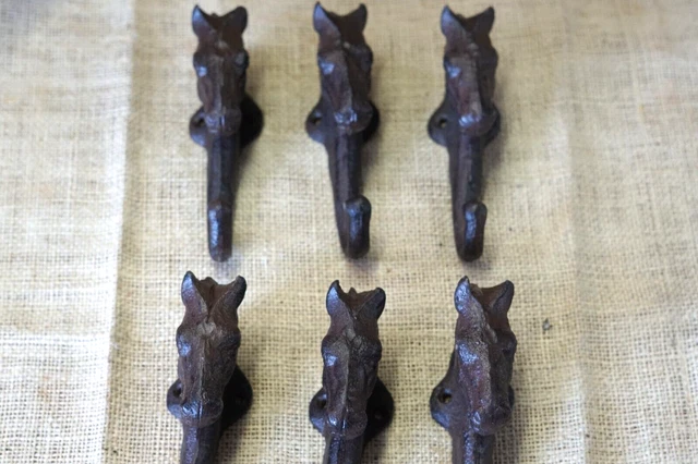 6 Horse Head Key Hooks Towel Hat Coat Hanger Rustic Cast Iron Antique Style Farm 2