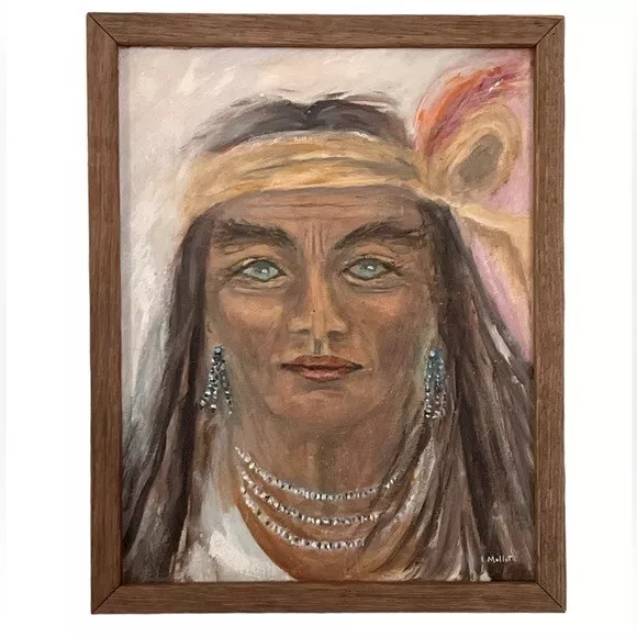 Mollot Native Indian Oil Painting Indigenous Woman Wood Frame One of a Kind