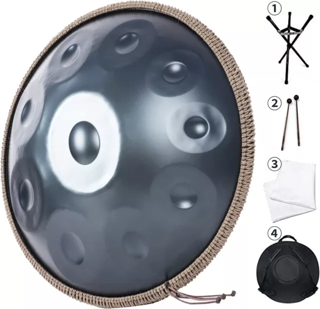 440Hz Schwarze 10Töne Handpan Trommel in D-Moll mit Trommelstöcken und Tasche