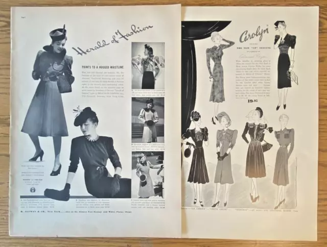 Lot of 2 Vintage 1930s Women's Fashion Printed Magazine Ads Full Page 14x10"