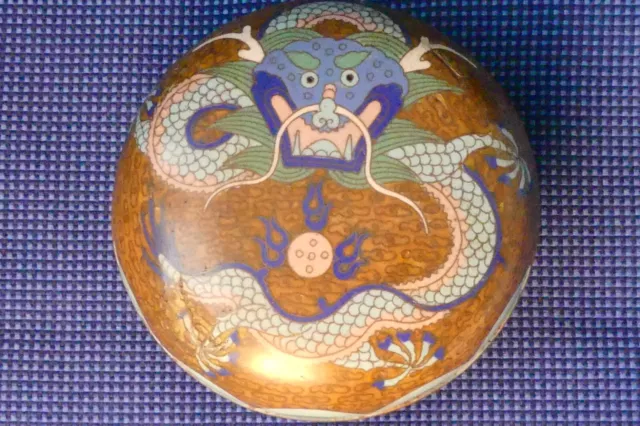 Antique Chinese Cloisonne Lidded Bowl, Qing Dynasty, Depicting a 5 Claw Dragon