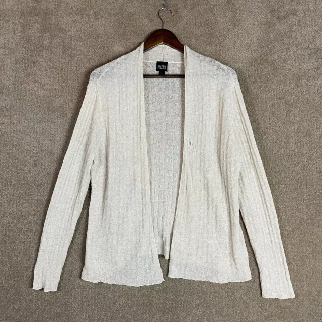 Eileen Fisher Cardigan Sweater Womens Large L Ivory Open Knit Front Linen Blend