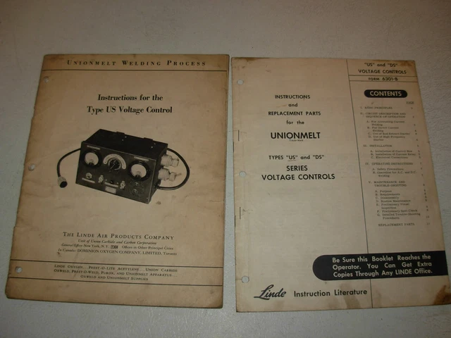 Linde Unionmelt US & DS Voltage Controls Instructions & Parts Manuals