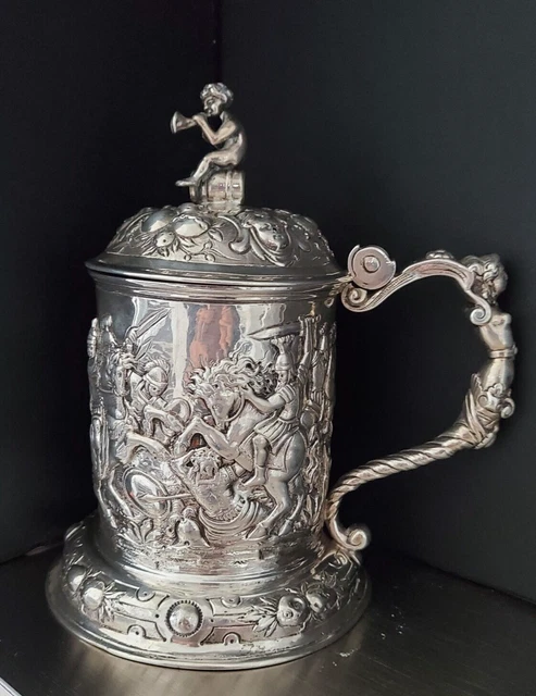 Beautiful Antique German Hanau Silver Tankard Historismus  battleground on horse