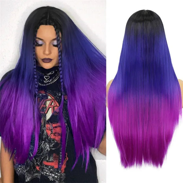 Women Rainbow Wigs Black to Blue to Purple Long Straight Colored Ombre Hair Wigs