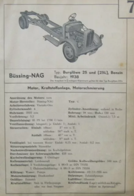 * Büssing NAG Burglöwe 25 L Benzin 1938 Datenblatt Typenblatt + Wartung original
