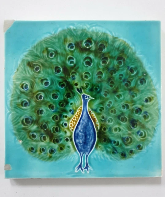 Vintage Majolica Tile DANCING PEACOCK 6in x 6in Japan (6669)