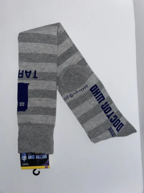 Doctor Who knee high socks light gray striped with blue Tardis