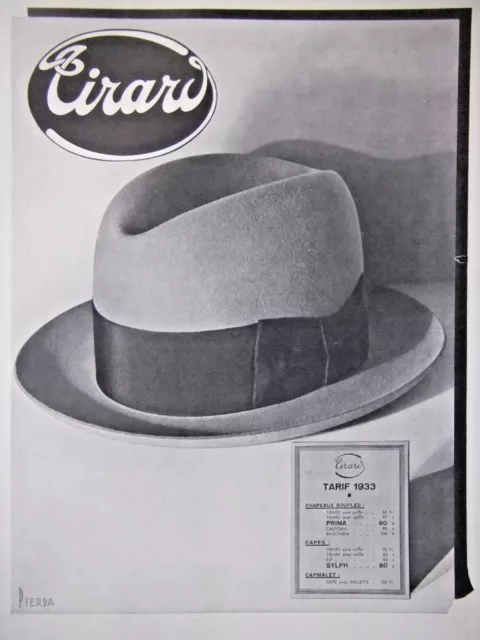 Ads Press 1933 Chapeaux Tirard Capes Capmalet - Pierda - Publicité Presse French