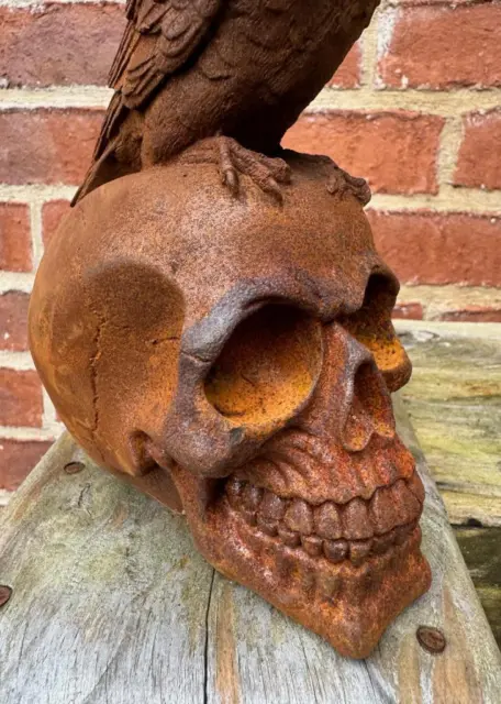 Cast Iron Skull with Raven Bird sat atop - Indoor / Outdoor - Rust Finish - 2kg 2