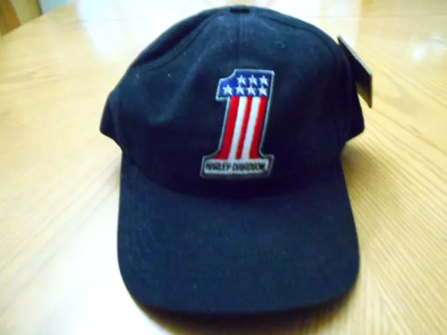 Vintage Harley Davidson Black with No. 1 US Flag Symbol Adjustable Hat - NWT USA