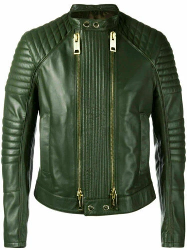 Green Leather Motorcycle Men's Biker Slim fit Jacket Festive Lambskin Classic