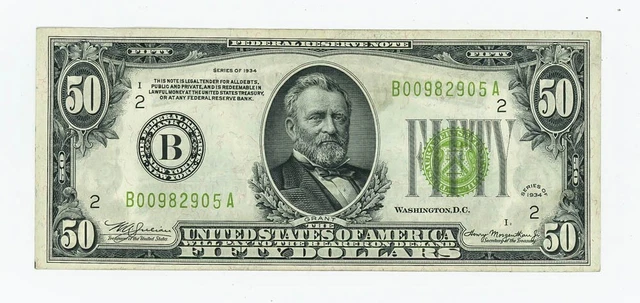 FR#2102B $50 1934 Federal Reserve Note New York Lt Green Seal DC-6171