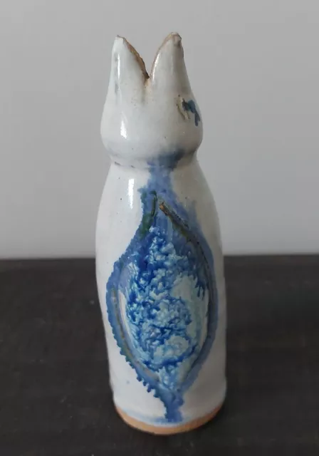 Vintage Salt Glaze Pottery Pie Bird Vent 5" Tall Blue & White