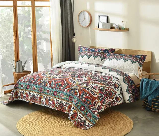 Bohemian Twin Quilted Bedspread Set - Earthy Paisley Floral - Meadow Quilt