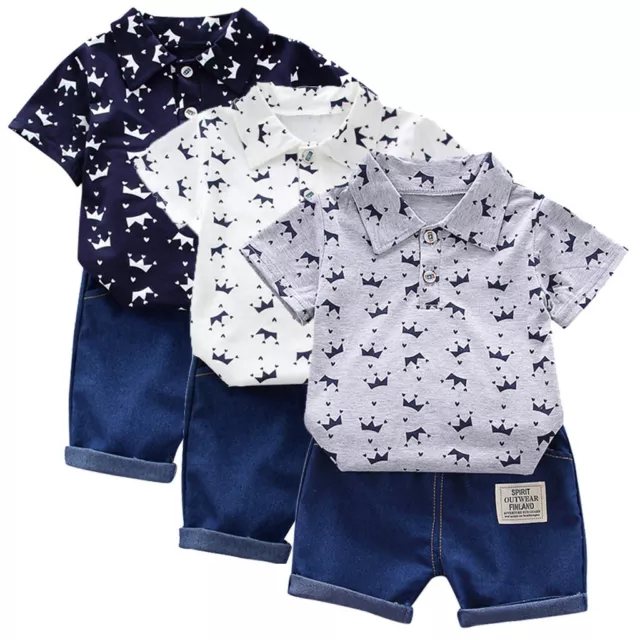 UK Toddler Kids Baby Boy Short Sleeve Crown Pattern Shirt Tops+ Denim Pants Set