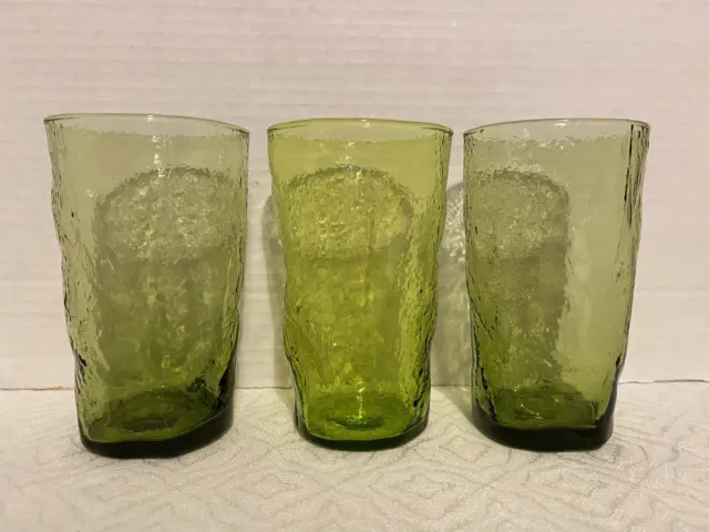 3 Vintage Morgantown Crinkle Green Glass Glasses- Set of 3  -  4 3/4”