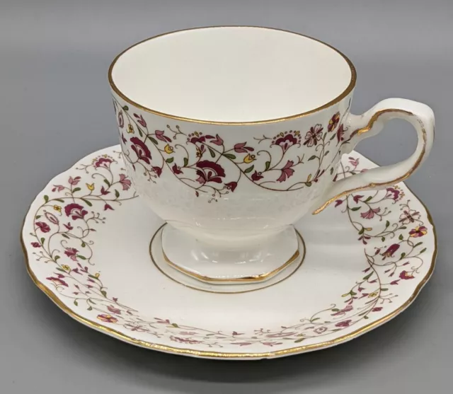 Vintage Queen Anne Bone China Teacup And Saucer India Burgundy Floral