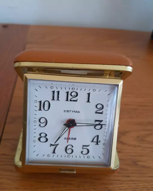 Vintage Estyma Travel Alarm Clock in Tan Case