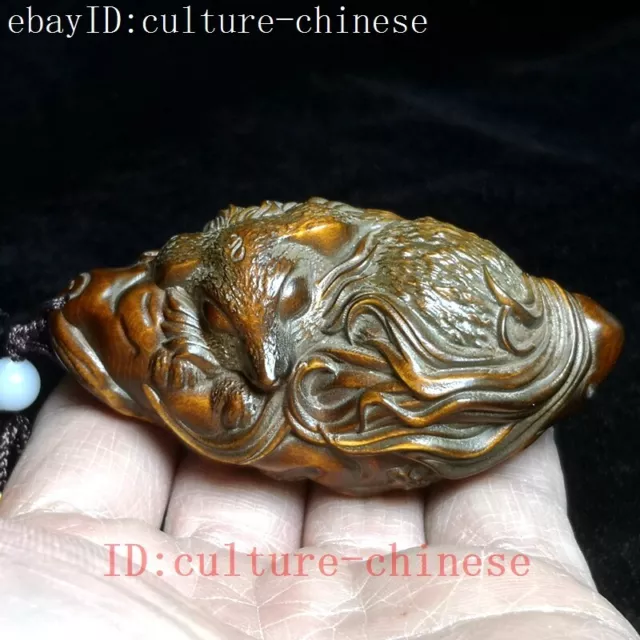 L 7.8 CM Old Chinese boxwood hand carved fox Figure statue netsuke collection