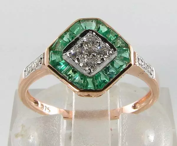 Dainty 9K 9Ct Rose Gold Colombian Emerald Diamond Art Deco Ins Ring Free Rsize