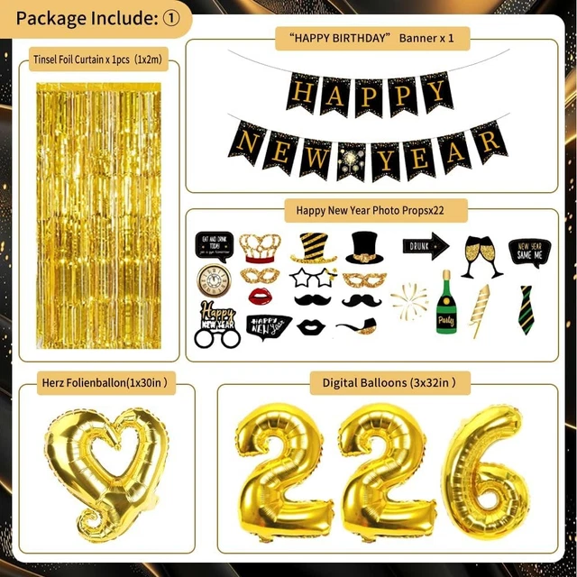 Silvester Deko 2026 Set – Bunte Spiral-Girlande + Happy New Year Banner Zum Aufhängen