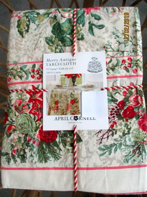 April Cornell Merry Antique Christmas 1 Tablecloth Round 70''Rose Berry New