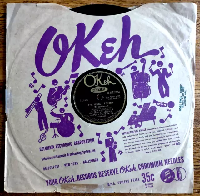 Vintage 78 RPM Record - LOUIS ARMSTRONG & NEW COTTON CLUB ORCHESTRA - "The Peanu Vintage 78 RPM Record - LOUIS ARMSTRONG & NEW COTTON CLUB ORCHESTRA - "The Peanu