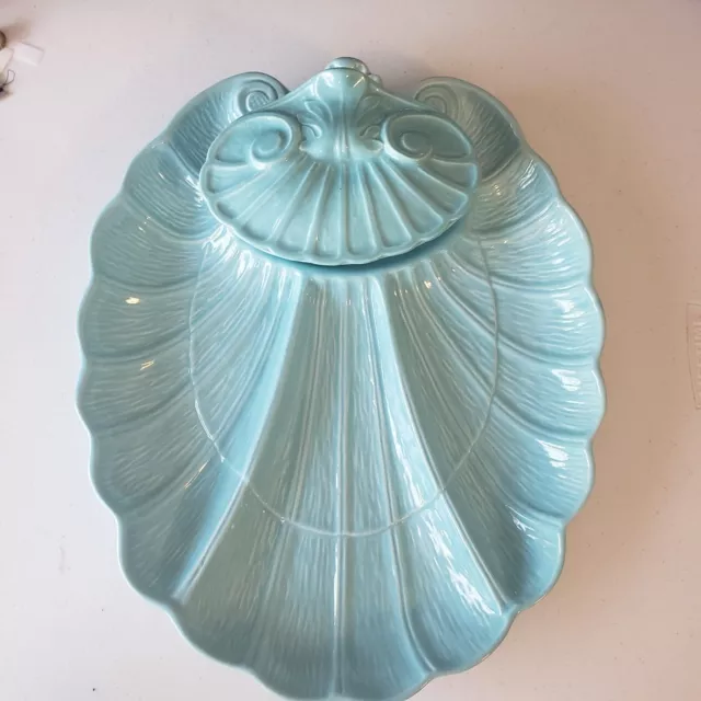 Exquisite Vintage California USA Pottery Turquoise Clam Shell Serving Dish