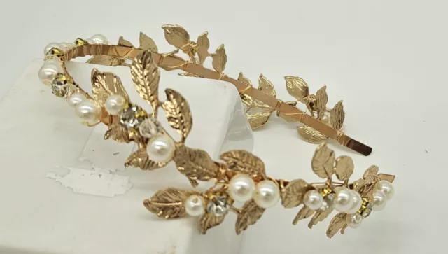 Gold Leaf Bridal Headband with Pearls and Diamantes Beautifully Crafted Elegant