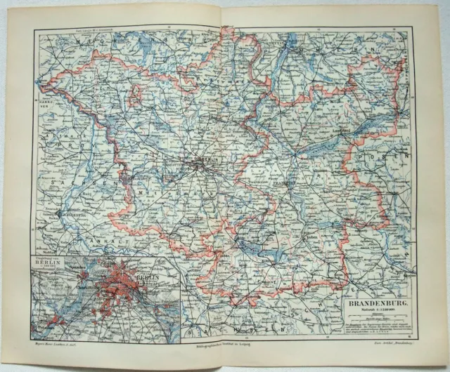 Brandenburg, Germany - Original 1905 Map by Meyers. Antique