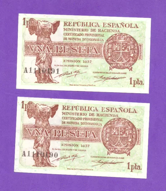 Spaiin-Banknote    Rare  Consecutive Pair  -  1   Pesetas  1937 -  Unc